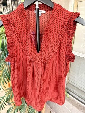 Aris Red Sleeveless Ruffle V-Neck Camisole with Black Micro-Print